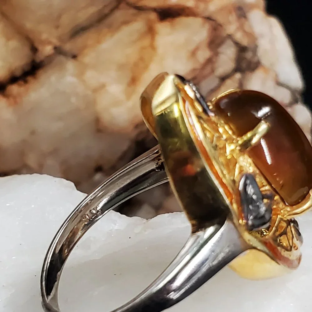 Sterling Silver 925/18k Gold Ring Tiger Eye Raw Diamonds Unique Designer Jewelry
